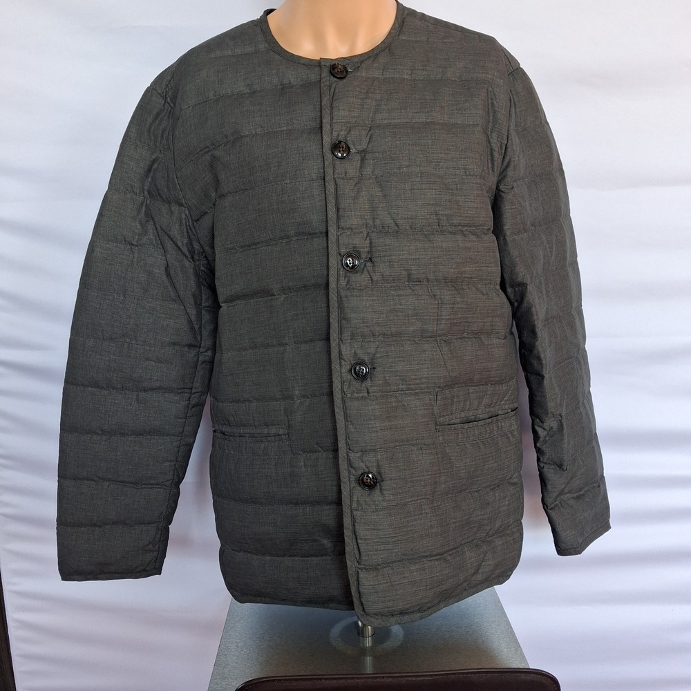Charcoal-grey quilted down jacket with collarless neckline Men's Size:M